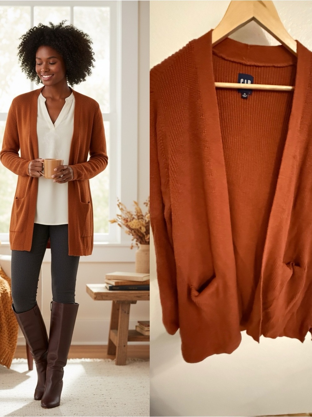 GAP Women’s XL Rust Orange Long Open Front Cardigan Sweater Pockets Fall